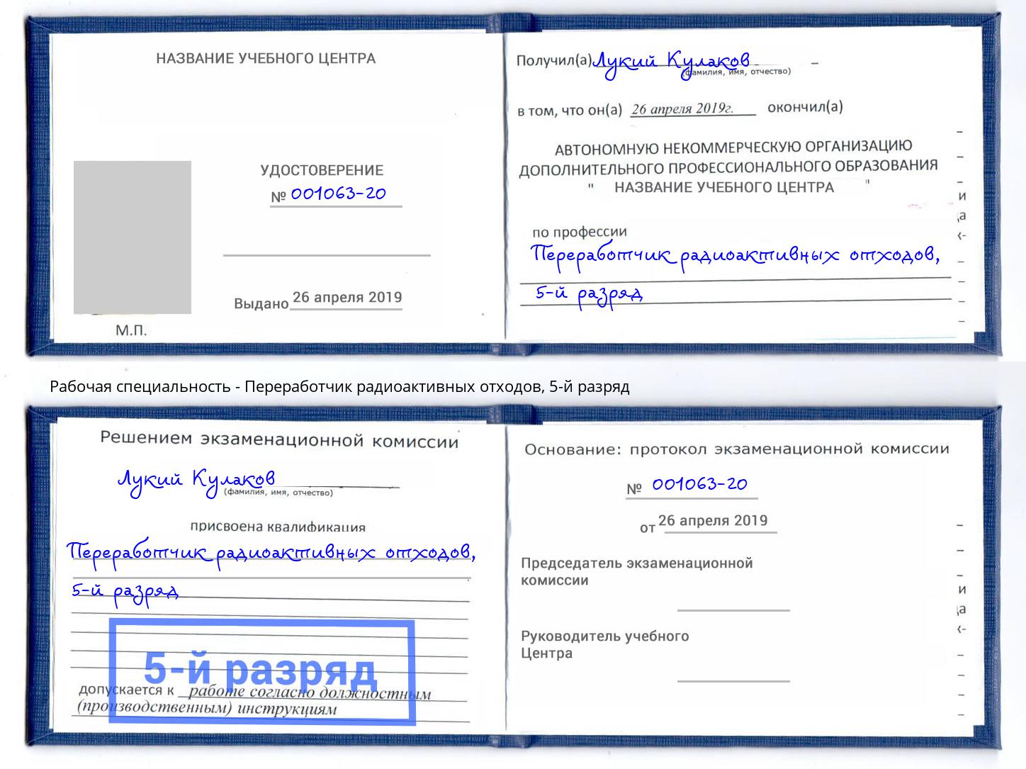 корочка 5-й разряд Переработчик радиоактивных отходов Дальнегорск