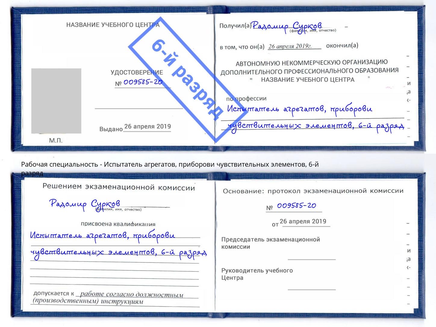 корочка 6-й разряд Испытатель агрегатов, приборови чувствительных элементов Дальнегорск