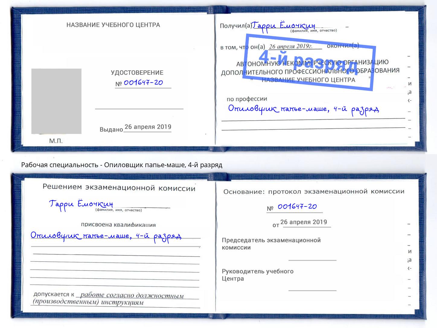 корочка 4-й разряд Опиловщик папье-маше Дальнегорск