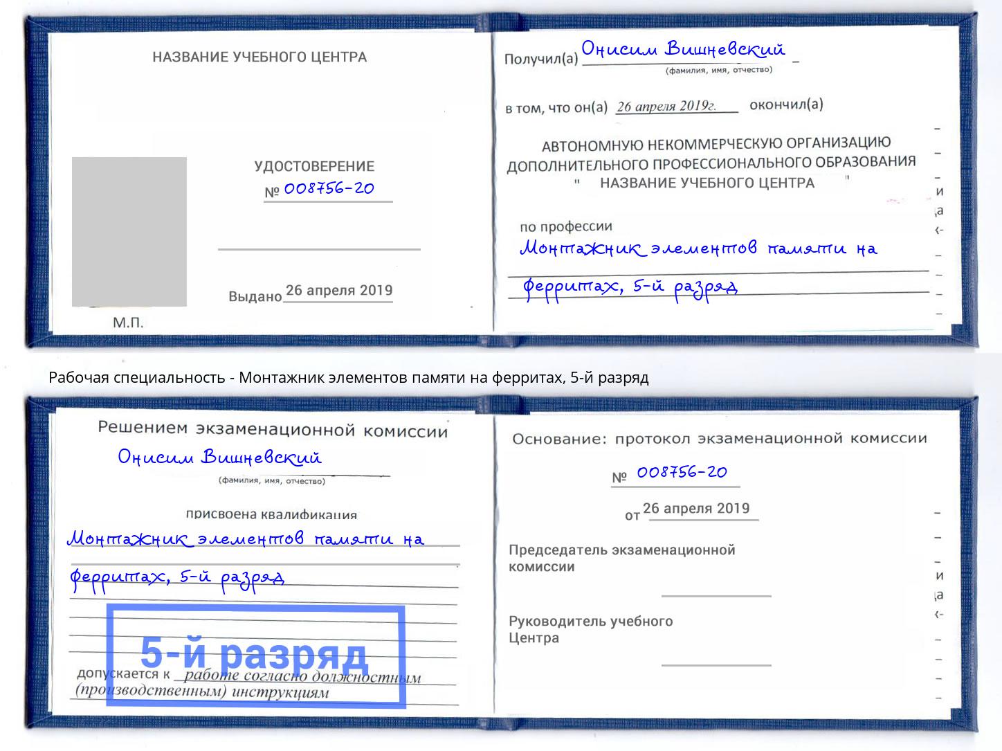 корочка 5-й разряд Монтажник элементов памяти на ферритах Дальнегорск