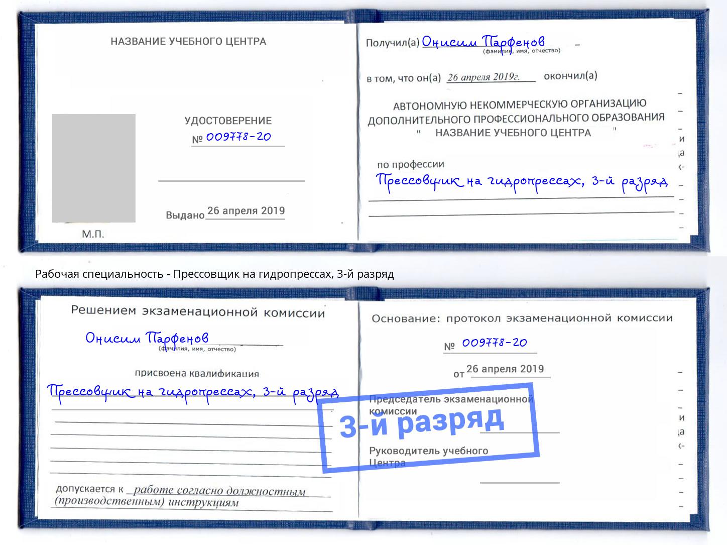 корочка 3-й разряд Прессовщик на гидропрессах Дальнегорск