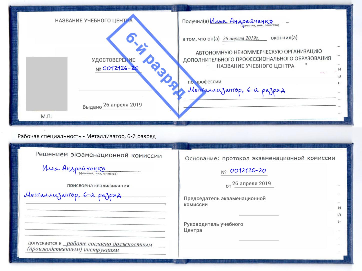 корочка 6-й разряд Металлизатор Дальнегорск