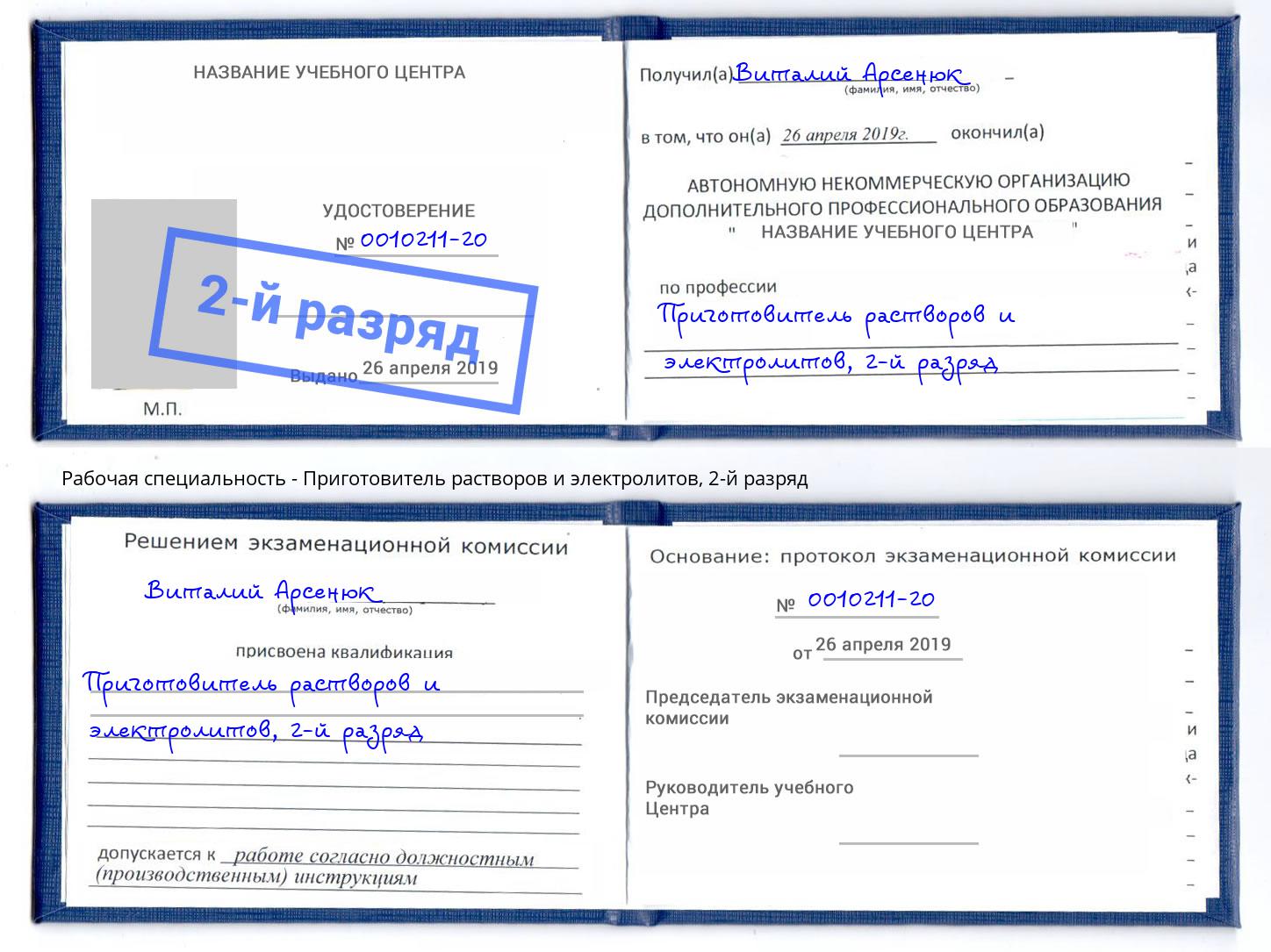 корочка 2-й разряд Приготовитель растворов и электролитов Дальнегорск