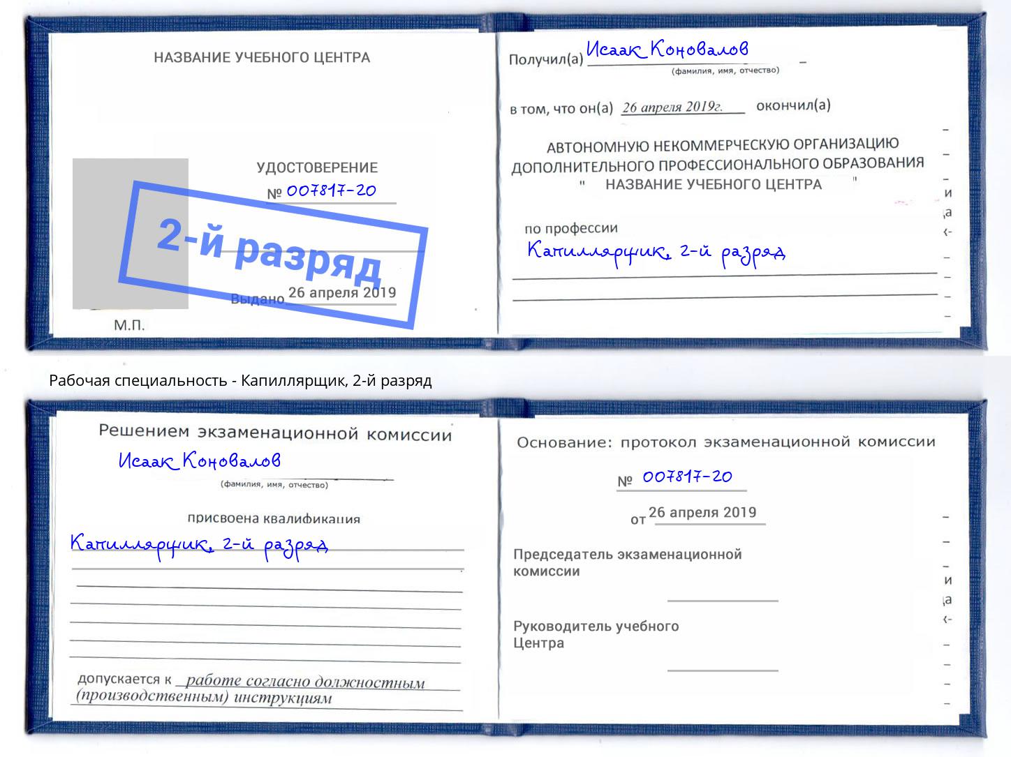 корочка 2-й разряд Капиллярщик Дальнегорск