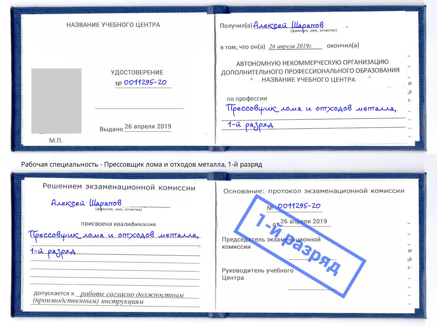 корочка 1-й разряд Прессовщик лома и отходов металла Дальнегорск