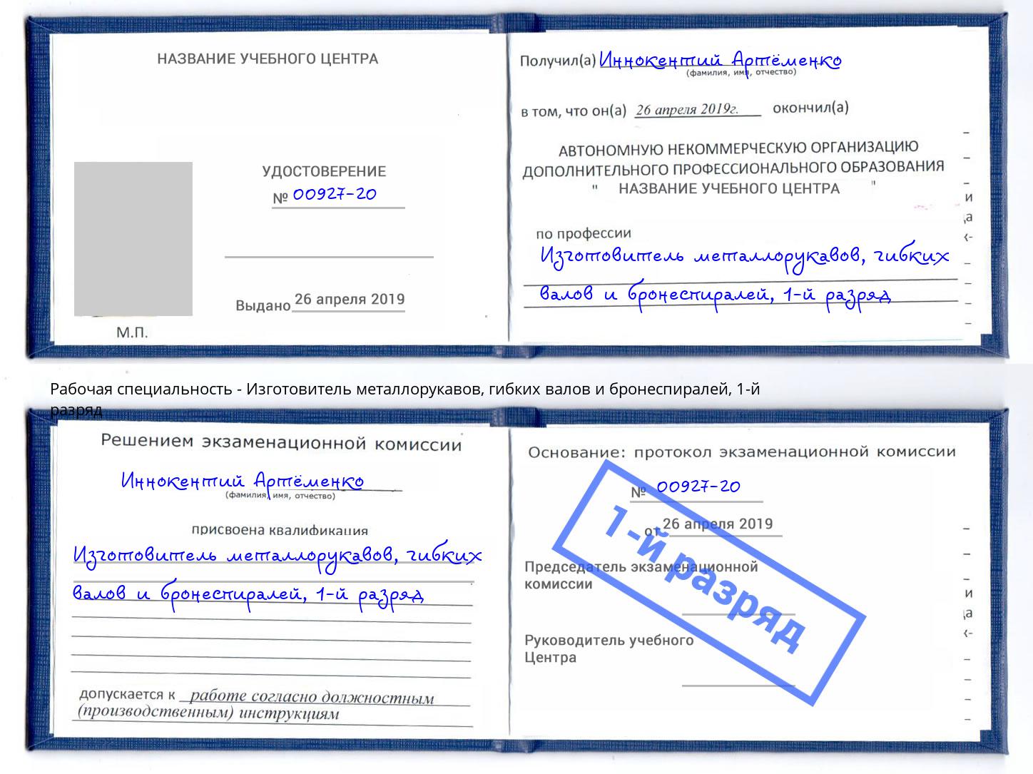 корочка 1-й разряд Изготовитель металлорукавов, гибких валов и бронеспиралей Дальнегорск