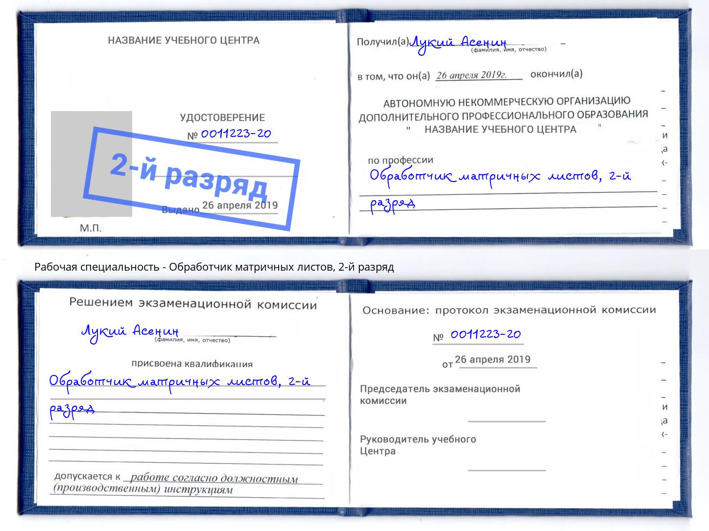 корочка 2-й разряд Обработчик матричных листов Дальнегорск