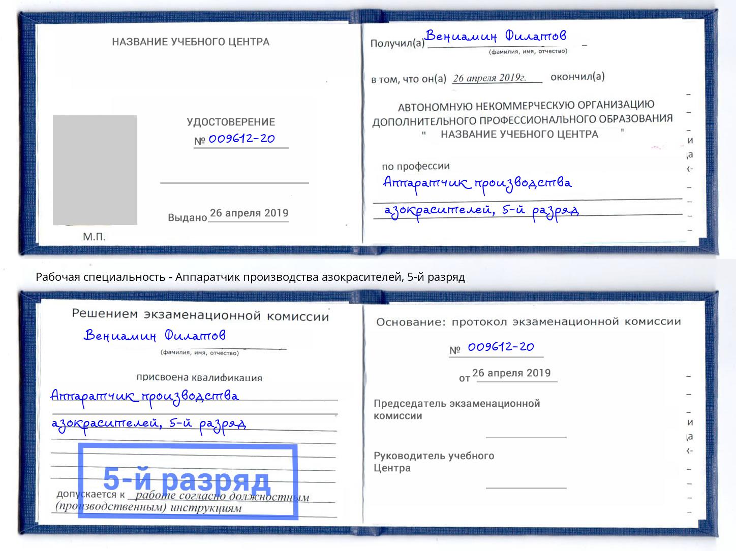 корочка 5-й разряд Аппаратчик производства азокрасителей Дальнегорск