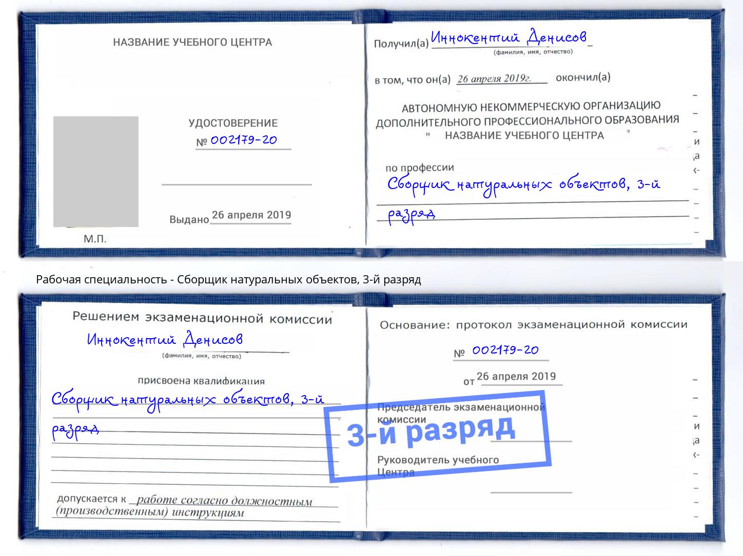 корочка 3-й разряд Сборщик натуральных объектов Дальнегорск