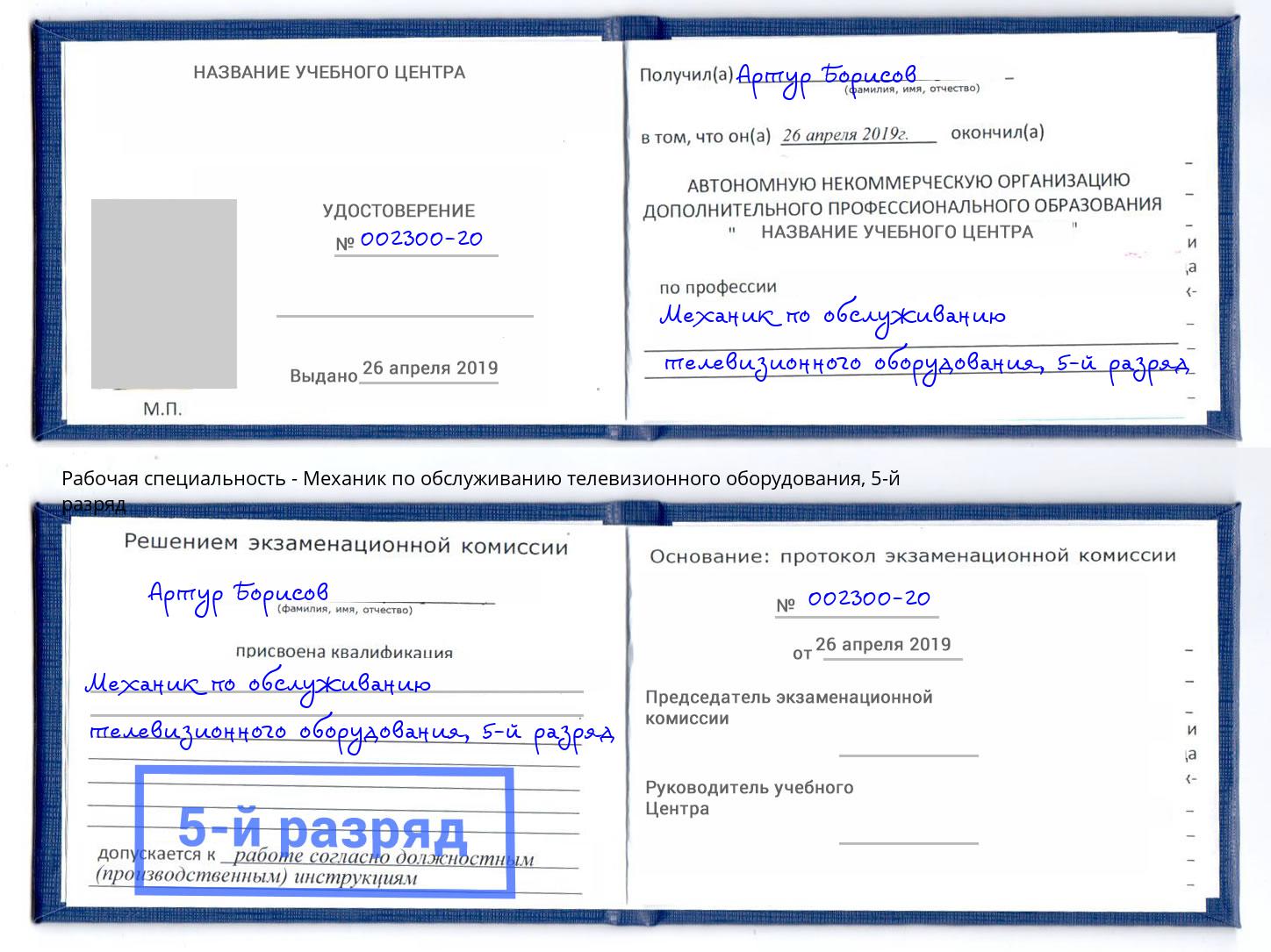 корочка 5-й разряд Механик по обслуживанию телевизионного оборудования Дальнегорск