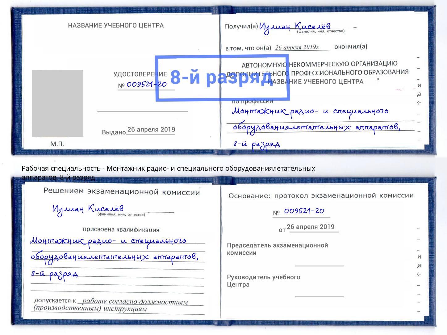 корочка 8-й разряд Монтажник радио- и специального оборудованиялетательных аппаратов Дальнегорск