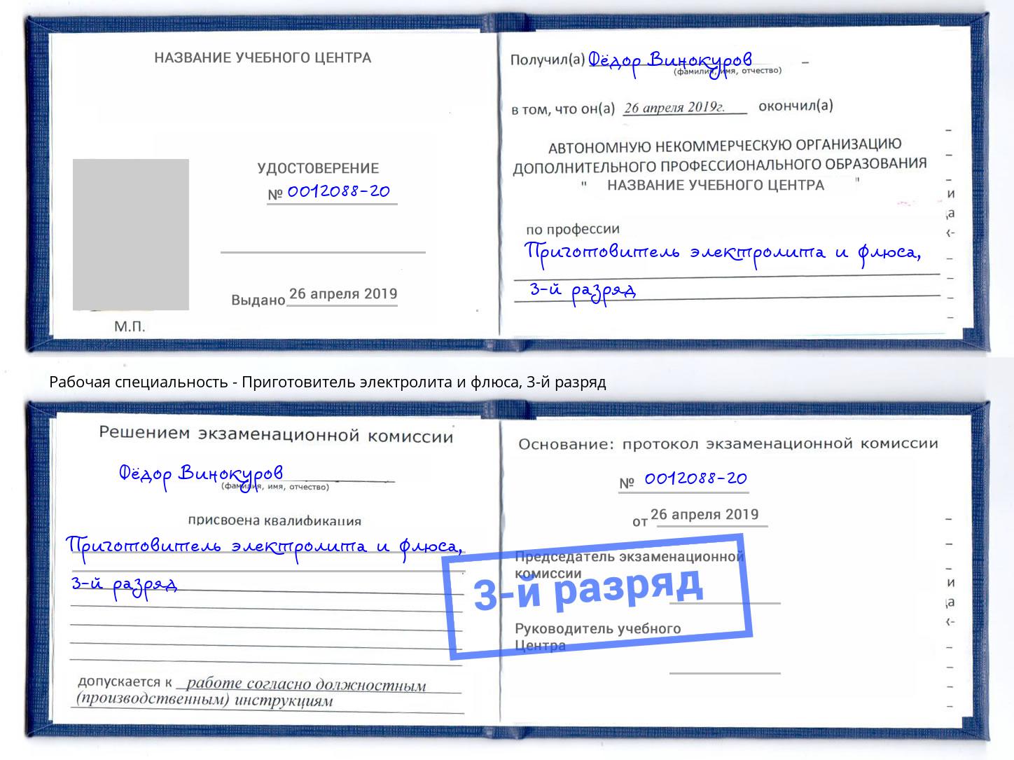 корочка 3-й разряд Приготовитель электролита и флюса Дальнегорск