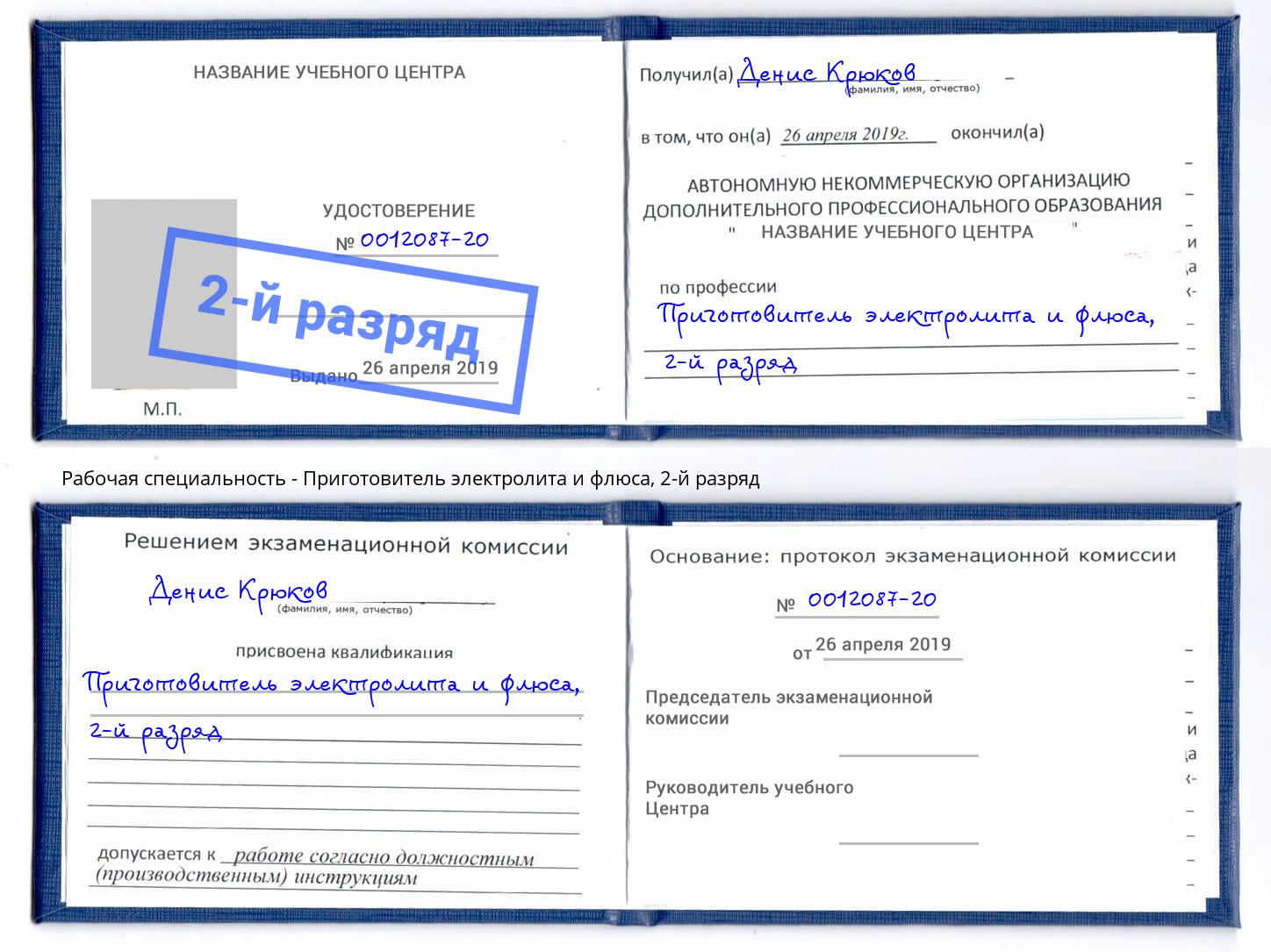 корочка 2-й разряд Приготовитель электролита и флюса Дальнегорск